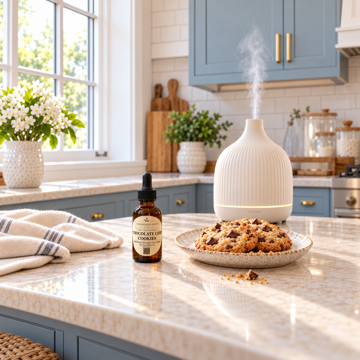 A small amber dropper bottle labeled Chocolate Chip Cookie diffuser oil sits on a marble kitchen island next to a plate of chocolate chip cookies and a white ribbed diffuser with steam rising, in a bright kitchen with blue cabinets.