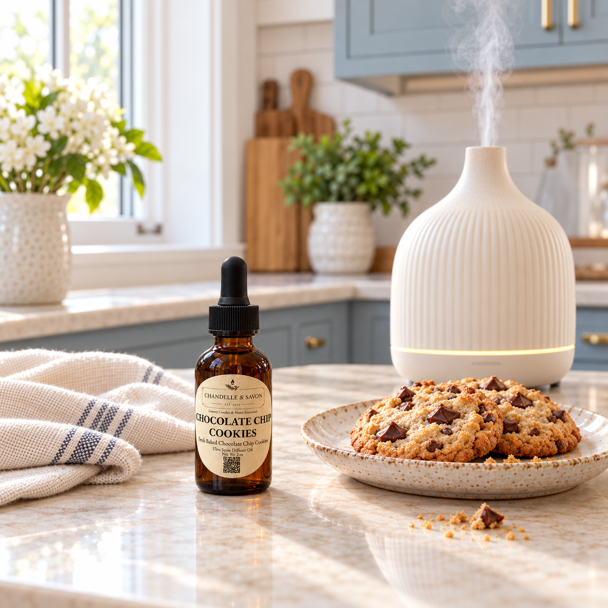 A bottle of Chocolate Chip Cookies diffuser oil in an amber glass dropper bottle stands on a marble kitchen counter next to a plate of chocolate chip cookies and a white diffuser.