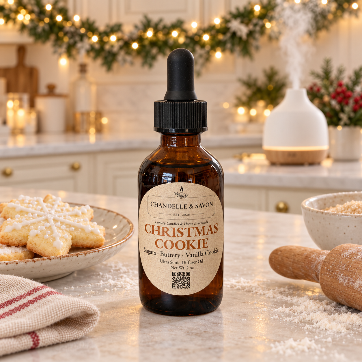An amber glass dropper bottle labeled 'Chandelle & Savon Christmas Cookie' stands on a kitchen counter with holiday decor, cookies, flour, and a rolling pin in the background.