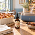 A small amber glass dropper bottle labeled 'Cinnamon Bread Pudding' by Cinnamon & More sits on a wooden table in a warm, cozy kitchen setting. A baked pudding dish, a blue steam diffuser, and cinnamon sticks are arranged around it.