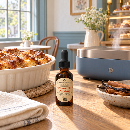 A small amber glass dropper bottle labeled 'Cinnamon Bread Pudding' by Cinnamon & More sits on a wooden table in a warm, cozy kitchen setting. A baked pudding dish, a blue steam diffuser, and cinnamon sticks are arranged around it.