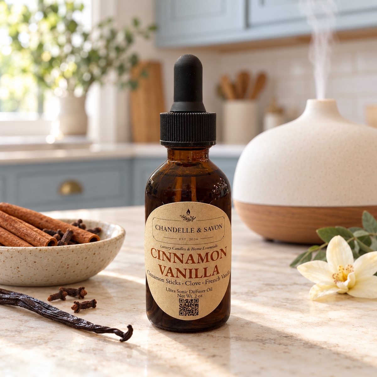 Chandelle & Savon Cinnamon Vanilla diffuser oil bottle on a marble countertop with cinnamon sticks, a vanilla bean, a white flower, and a diffuser in a bright kitchen background.