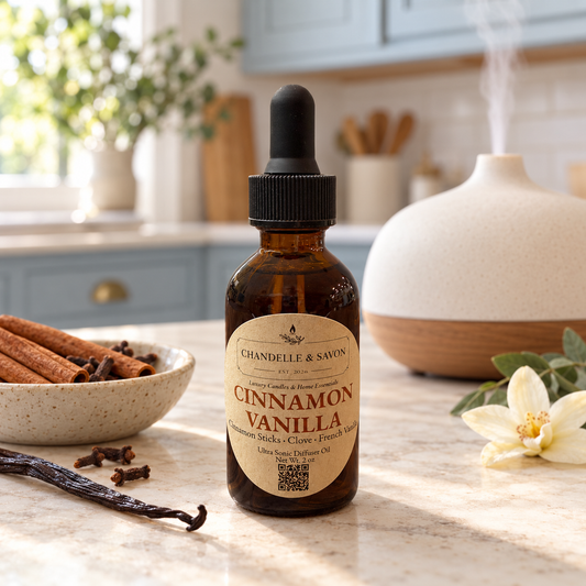 Chandelle & Savon Cinnamon Vanilla diffuser oil bottle on a marble countertop with cinnamon sticks, a vanilla bean, a white flower, and a diffuser in a bright kitchen background.