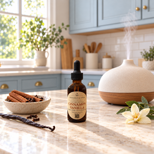 A bottle of Cinnamon Vanilla diffuser oil by Chandelle & Savon sits on a marble kitchen counter next to a diffuser, with cinnamon sticks, a vanilla bean, and a flower in a warm, sunlit kitchen setting.