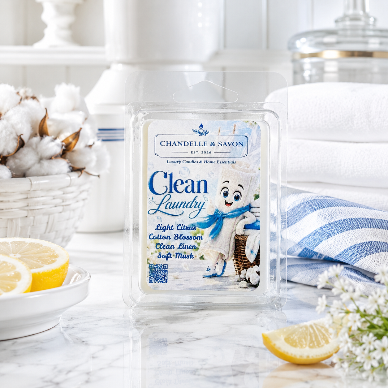 Chanelle & Savon Clean Laundry luxury candle and home fragrance wax melt in a clear plastic clamshell package, styled on a marble surface with cotton bolls, lemons, and a blue-and-white striped towel in a bright bathroom setting.