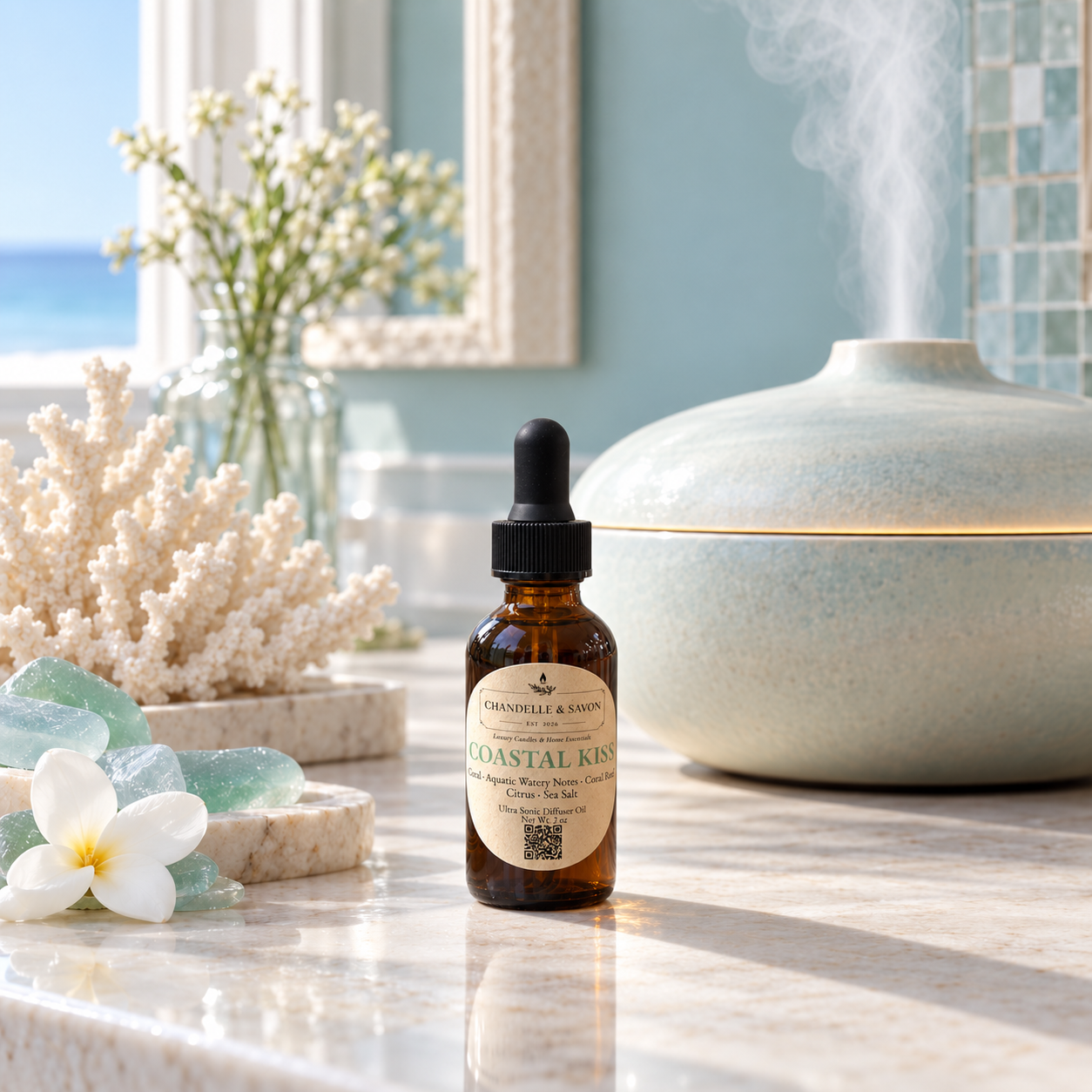 A small amber dropper bottle labeled 'Coastal Kiss' by Chandelle & Savon sits on a marble countertop in a bright, spa-like bathroom setting. A ceramic diffuser with rising steam, white flowers, and coral decor are visible in the background.