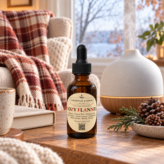 An amber glass dropper bottle labeled 'Cozy Flannel' by Chandelle & Savon, styled on a wooden table in a cozy living room setting with a blanket, mug, diffuser, and pinecone.