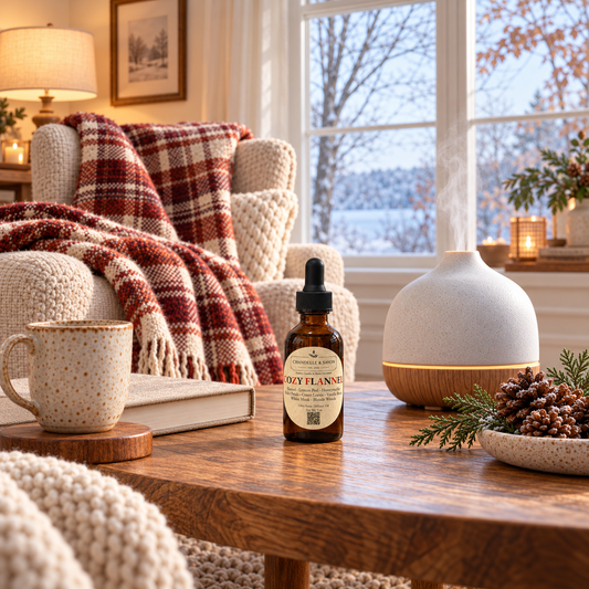 A small amber dropper bottle labeled 'COZY FLANNel' sits on a wooden table in a warm, cozy living room setting with a plaid throw blanket, mug, and diffuser in the background.