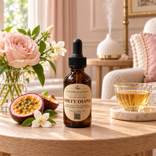 An amber glass dropper bottle labeled 'Chandelle & Savon Dirty Diana' sits on a light wood table in a softly styled room. The scene includes pink flowers, a halved passion fruit, white blossoms, and a glass cup of tea, creating a warm, inviting aesthetic.