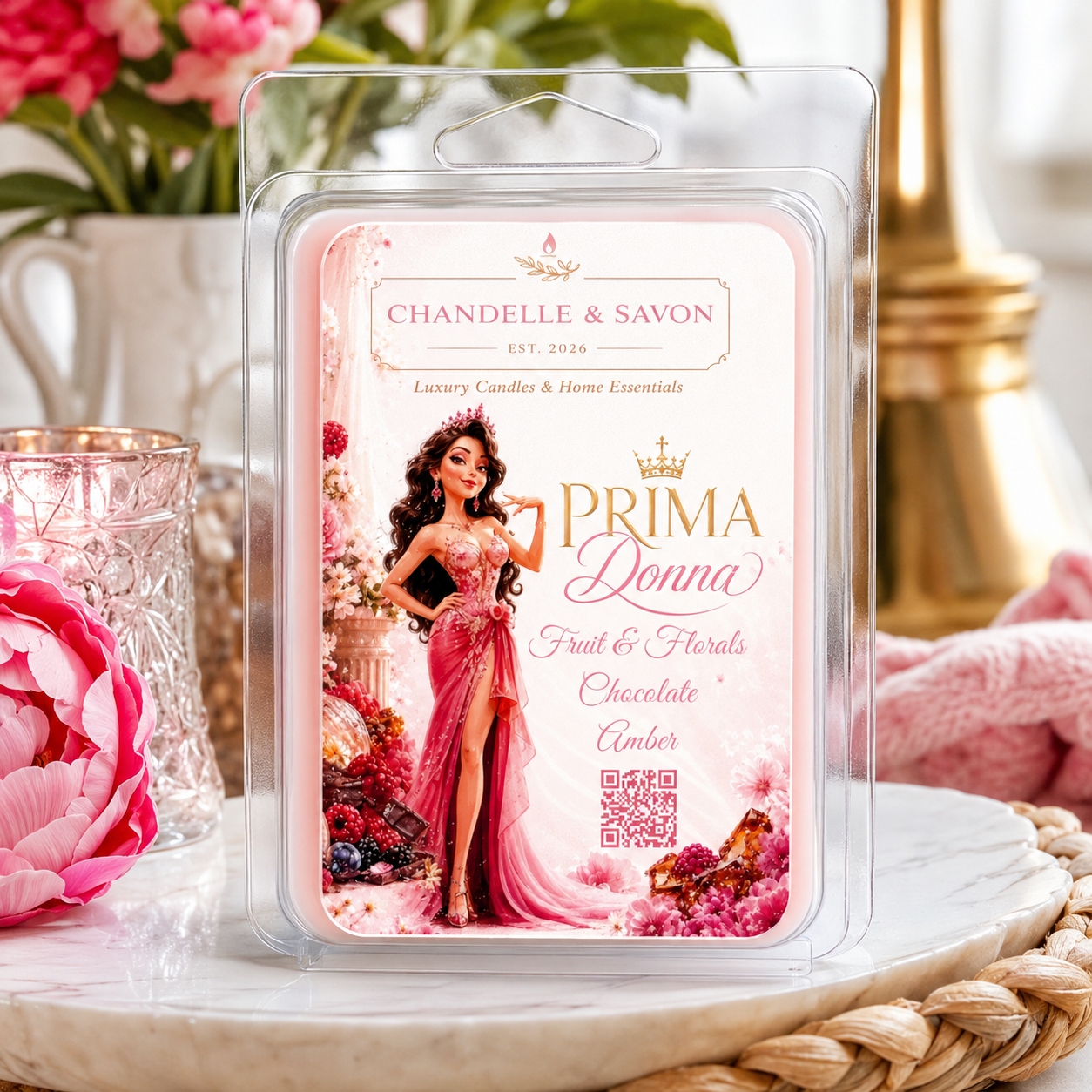 A packaged wax melt or scented candle product labeled 'Chandelle & Savon' and 'Prima Donna' sits on a marble surface with pink flowers and soft decorative props in the background. The front card shows a woman in a pink gown with floral artwork and the scent text 'Fruit & Florals Chocolate Amber.