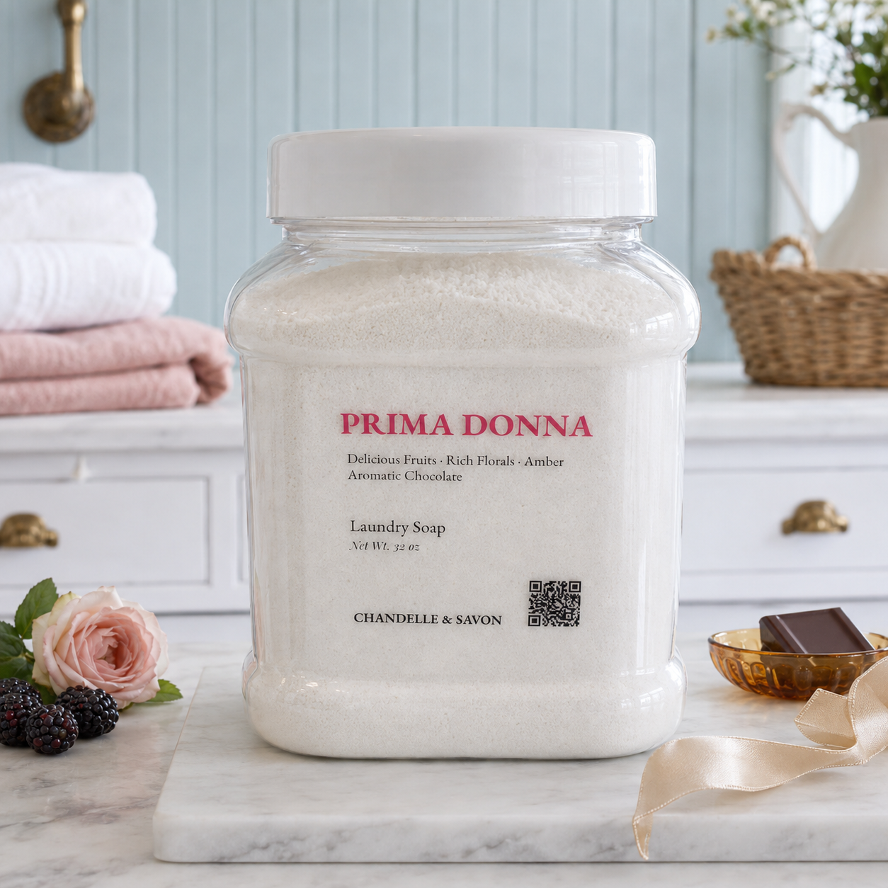 A large clear plastic jar of Prima Donna Laundry Soap filled with white soap flakes, set on a marble board in a styled bathroom setting with folded towels, a pink rose, and a chocolate bar nearby.