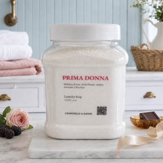 A large clear plastic jar of Prima Donna Laundry Soap filled with white soap flakes, set on a marble board in a styled bathroom setting with folded towels, a pink rose, and a chocolate bar nearby.