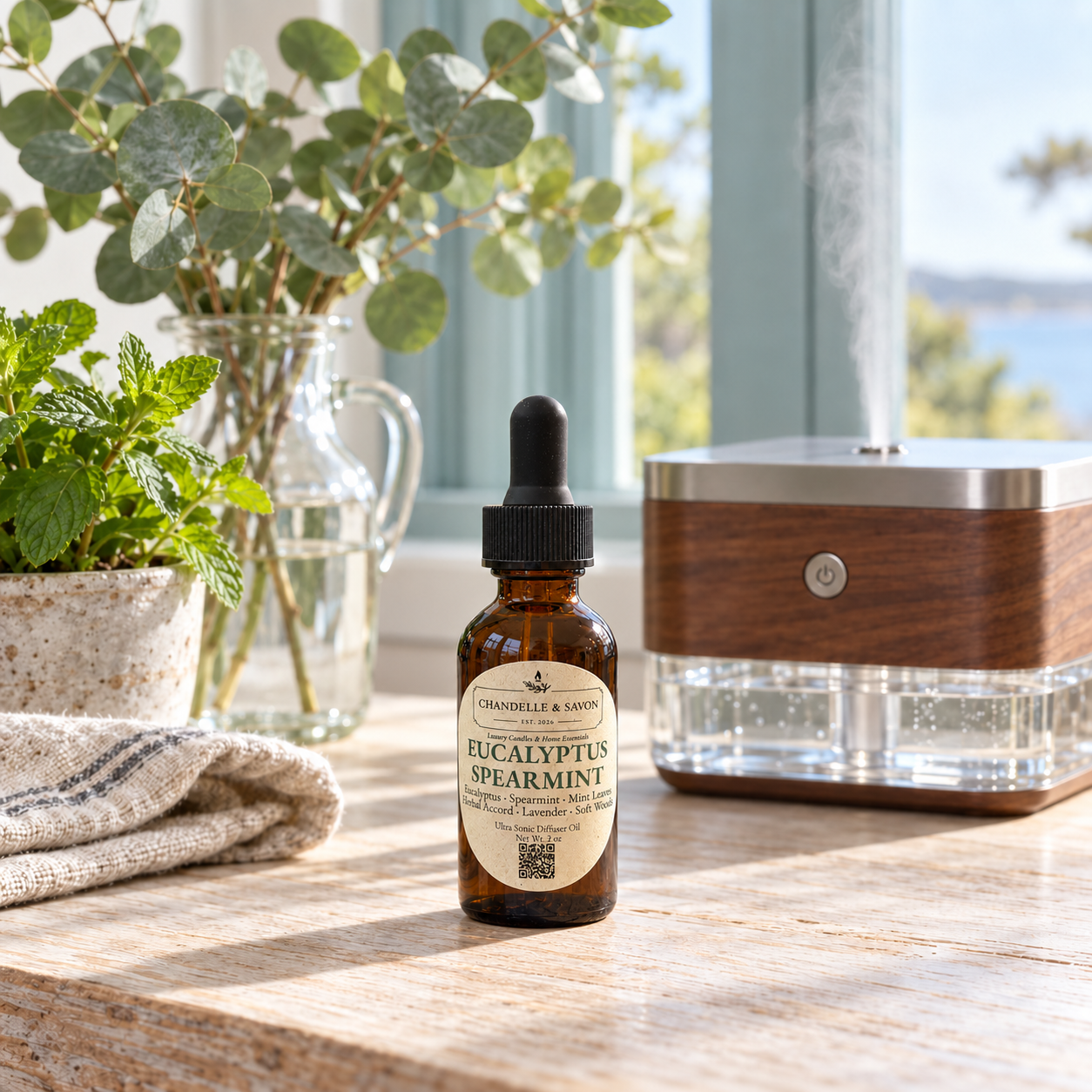 An amber glass dropper bottle of Chandelle & Savon Eucalyptus Spearmint diffuser oil stands on a wooden table in a bright, sunlit room. A clear humidifier with a wood-grain front is behind it, with a glass vase of eucalyptus and a potted mint plant in the background.