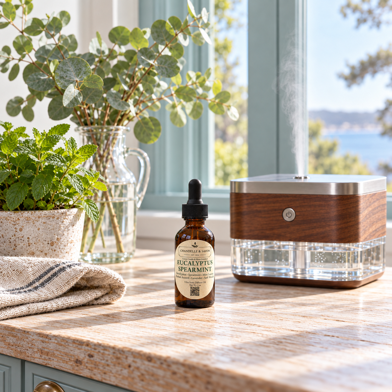 A small amber dropper bottle labeled Eucalyptus Spearmint sits on a stone countertop beside a wood-and-clear misting device, with potted plants and a window view in the background.