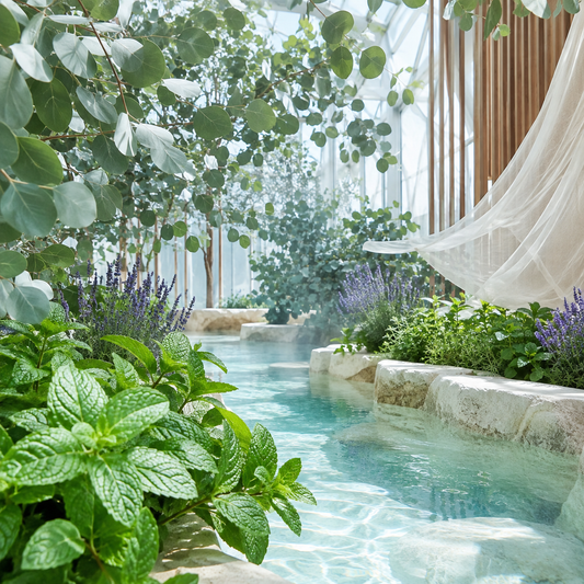 A serene indoor botanical spa scene with a clear turquoise pool or hot spring channel lined with lush green plants, lavender flowers, and a white draped canopy on the right.