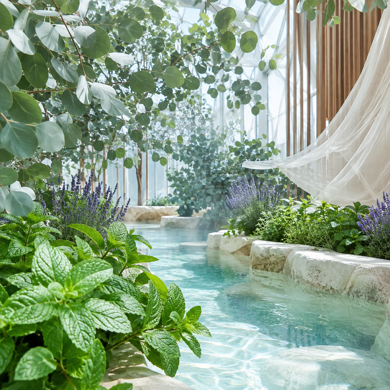 A serene indoor botanical spa scene with a clear turquoise pool or hot spring channel lined with lush green plants, lavender flowers, and a white draped canopy on the right.
