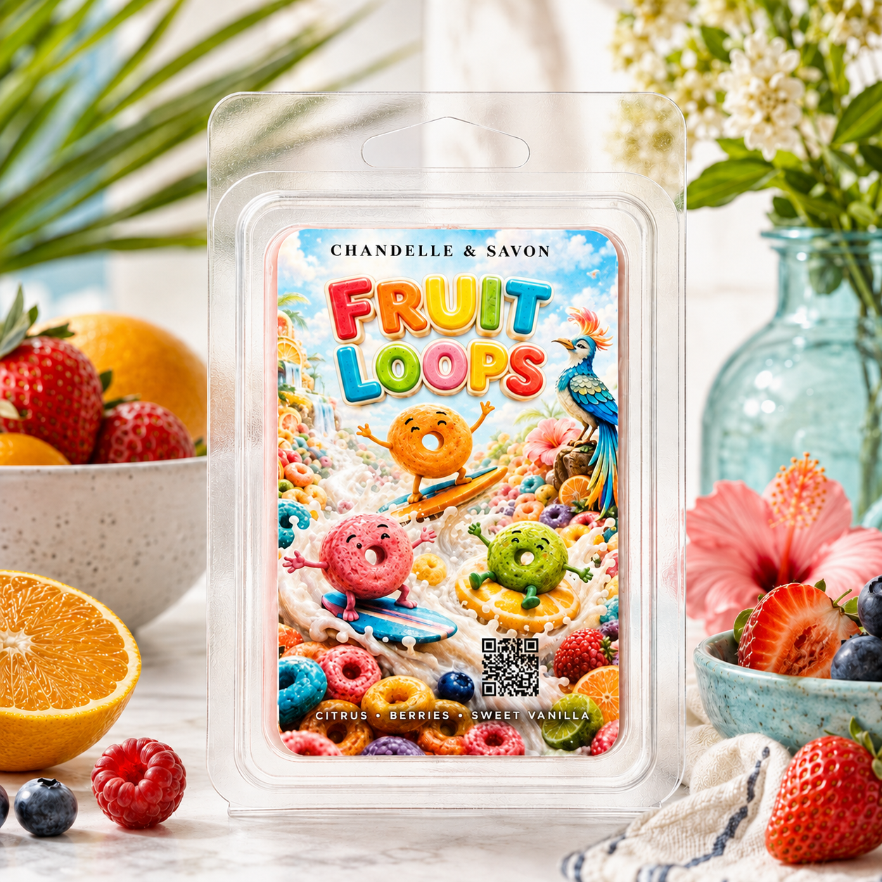 A packaged scented wax melt or soap product labeled 'CHANDELLE & SAVON FRUIT LOOPS' stands centered on a light surface with fruit and flowers around it. The front artwork shows colorful cartoon donuts, cereal pieces, and a parrot over a bright multicolor design.