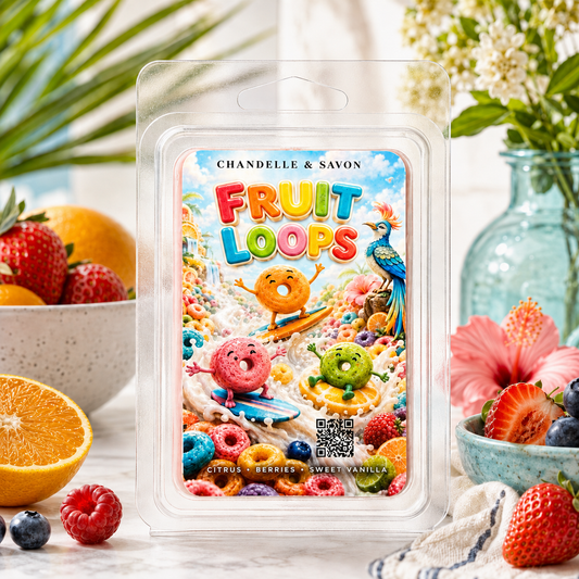 A packaged scented wax melt or soap product labeled 'CHANDELLE & SAVON FRUIT LOOPS' stands centered on a light surface with fruit and flowers around it. The front artwork shows colorful cartoon donuts, cereal pieces, and a parrot over a bright multicolor design.