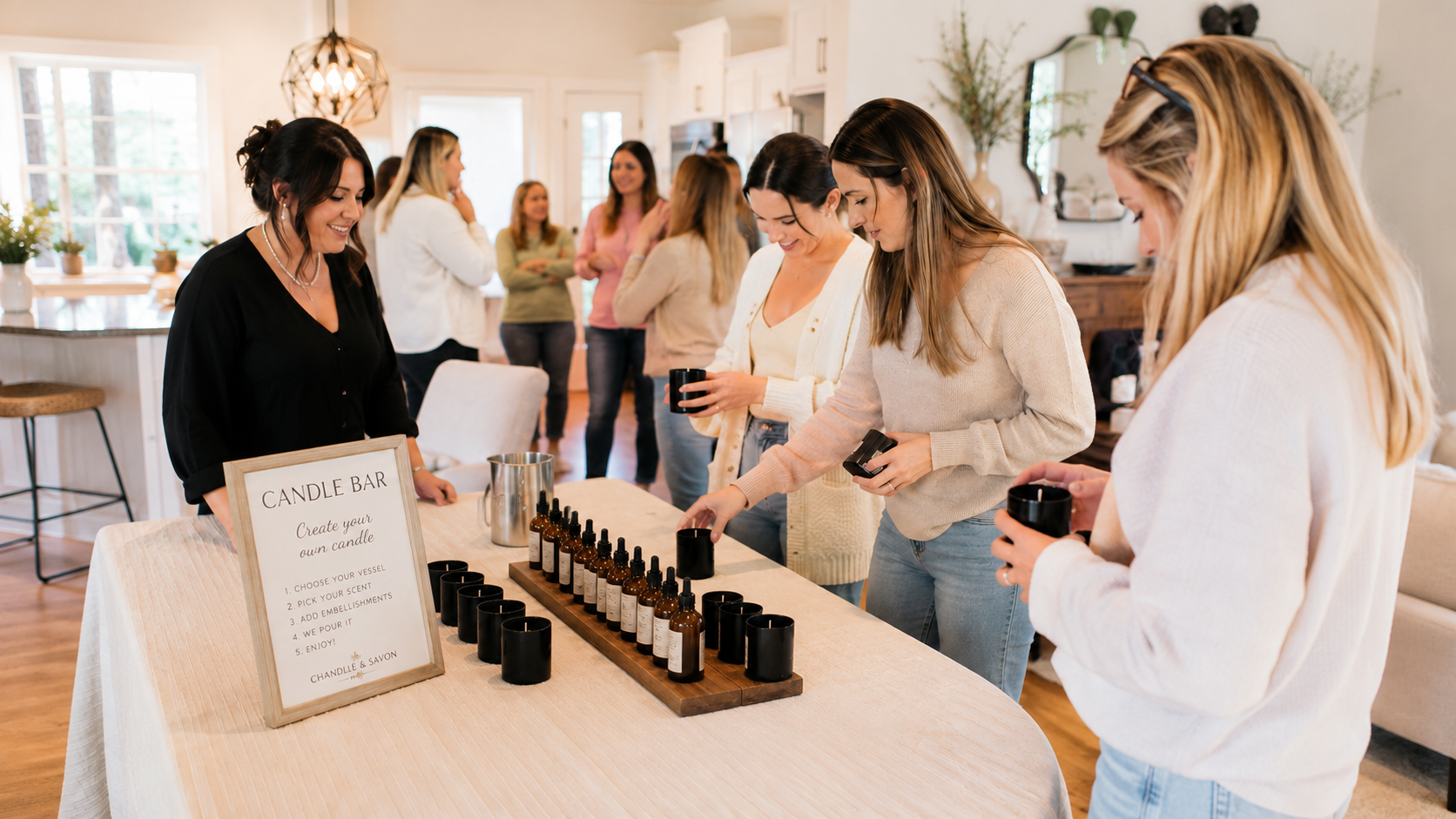 A group of women gather around a table displaying a candle bar setup with multiple small bottles and black candle holders in a bright, modern indoor space.