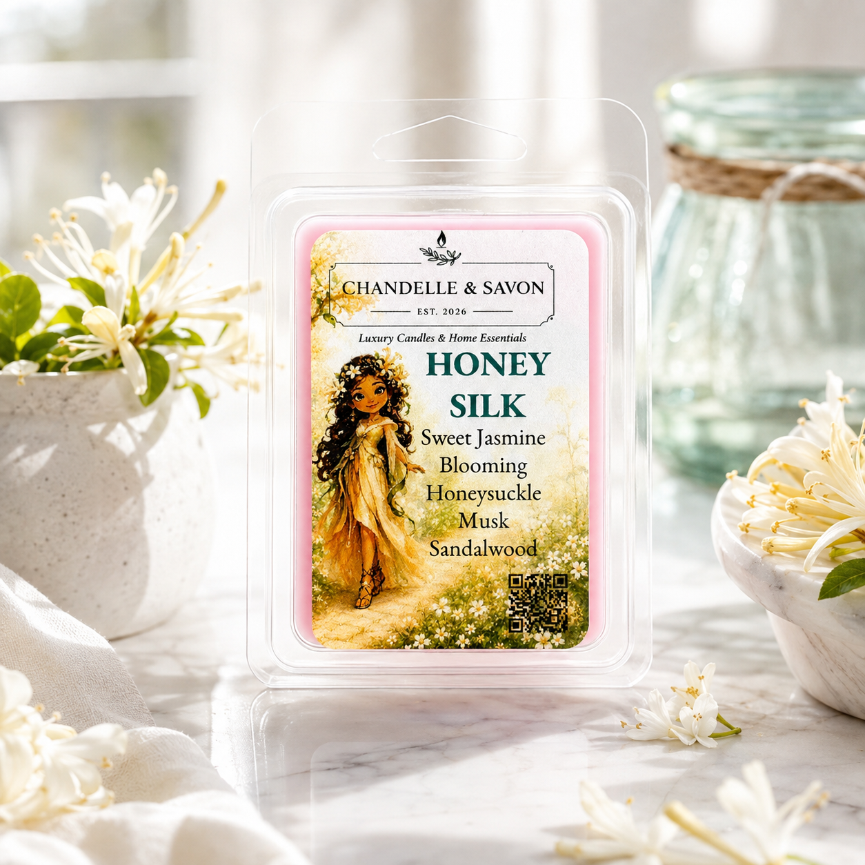 A wax melt package labeled 'Chanelle & Savon' and 'Honey Silk' is centered on a light marble surface with white flowers and a glass jar in the background. The package contains a floral illustration and lists notes of Sweet Jasmine, Blooming Honeysuckle, Musk, Sandalwood, and Honey Silk.