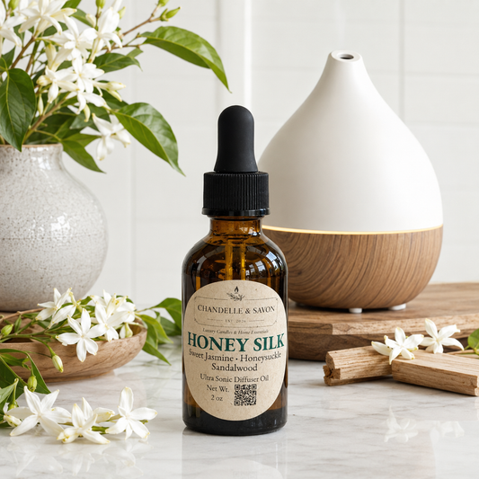 A 2 oz amber glass dropper bottle of Chandelley & Savon Honey Silk Sunflower oil, styled on a marble surface with white flowers, a wooden diffuser, and a ceramic vase in the background.