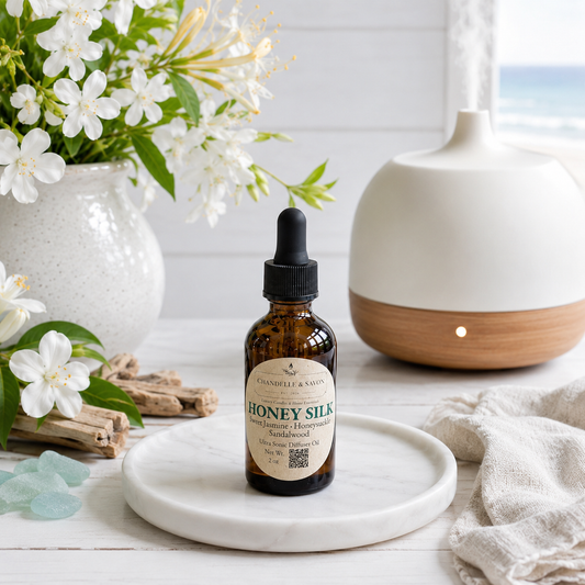A small amber glass dropper bottle labeled Honey Silk by Chandelle & Savon sits on a white marble tray. The scene is styled with white flowers in a vase, driftwood, a beige cloth, and a white diffuser in the background.