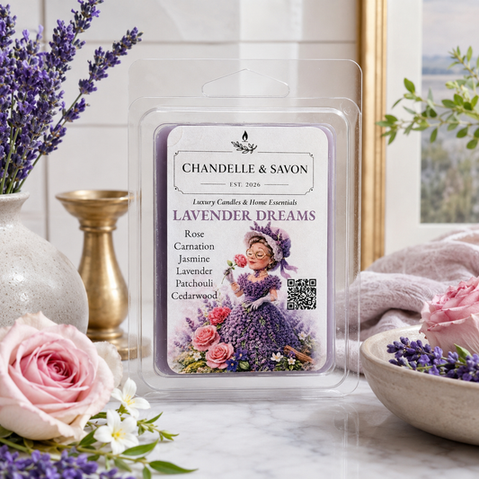 Chanelle & Savon 'Lavender Dreams' luxury candle wax melts in a clear clamshell package, styled on a marble surface with lavender, pink roses, and a soft blanket in the background.