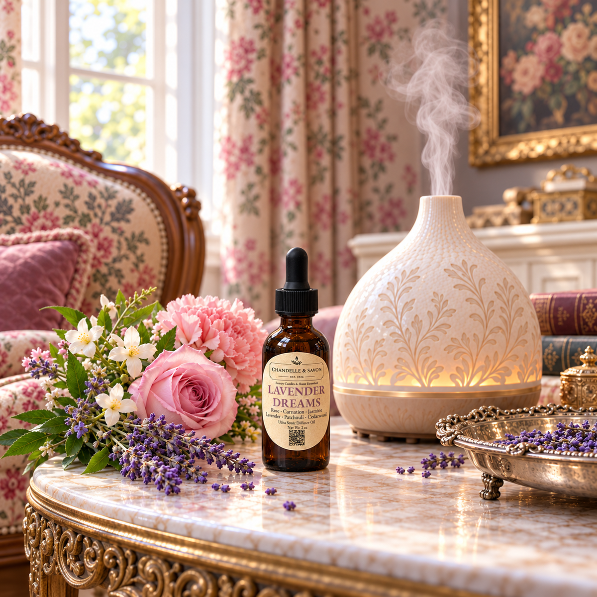 A bottle of lavender dream diffuser oil dropper sits on a marble table beside a glowing decorative diffuser, flowers, and a cozy upholstered chair in a richly styled room.