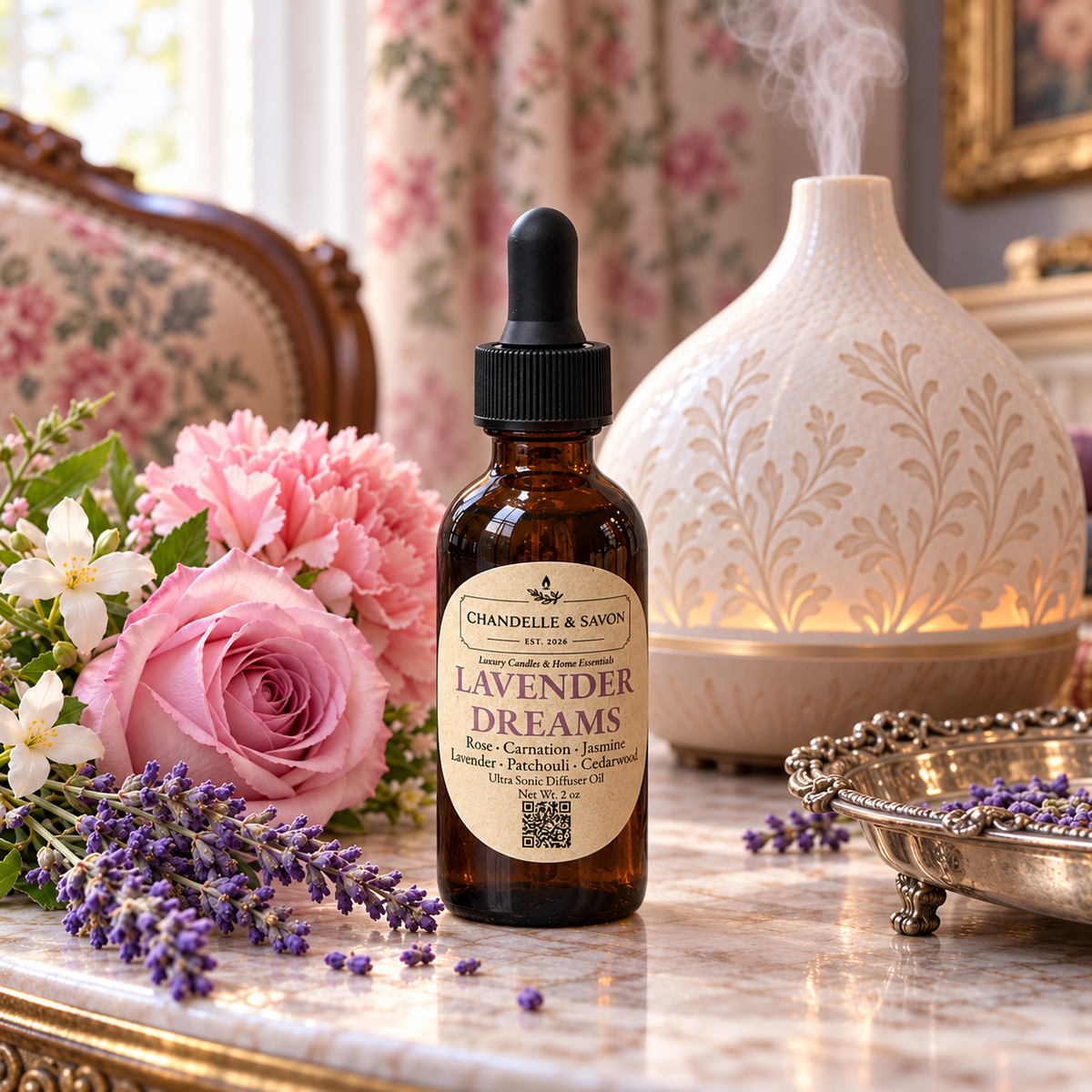 Chandelle & Savon Lavender Dreams essential oil dropper bottle displayed on a marble table with pink roses, lavender sprigs, a diffuser, and floral wallpaper in the background.