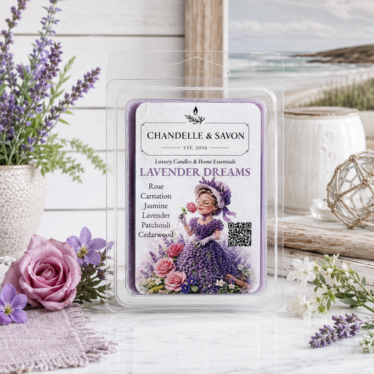 Chanelle & Savon Lavender Dreams scented wax melt in a clear plastic clamshell package, styled on a marble surface with lavender flowers, a vase, and a coastal scene backdrop.