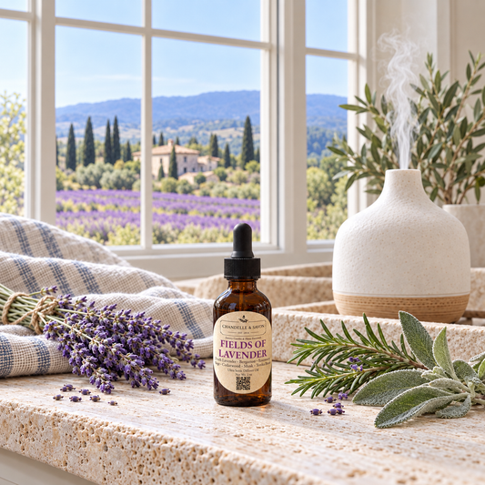 A bottle of lavender diffuser oil on a stone countertop, styled with lavender buds, rosemary, a diffuser, and a window view of a lavender field and mountains in the background.