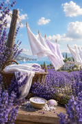 Lavender-themed bath towel setup in a field of purple flowers, featuring a wicker basket with white and lavender towels, a small bowl of lavender-infused bath salts, and a seashell on a rustic wooden surface under a blue sky.