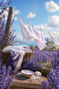 Lavender-themed bath towel setup in a field of purple flowers, featuring a wicker basket with white and lavender towels, a small bowl of lavender-infused bath salts, and a seashell on a rustic wooden surface under a blue sky.