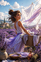 A woman in a flowing lavender dress sits in a lavender field beside a basket with white fabric, with laundry hanging in the background under a blue sky.