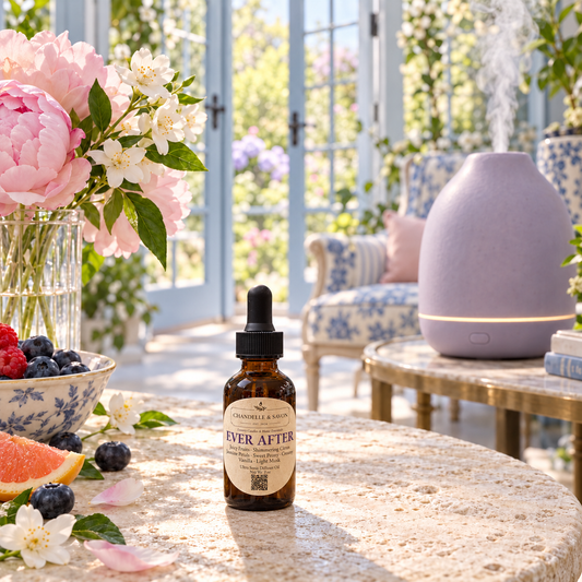 An amber glass dropper bottle labeled Ever After by Chandelle & Savon sits on a stone table in a bright, sunlit patio setting. A lavender diffuser, flowers, fruit, and blue-and-white chairs are visible in the background.