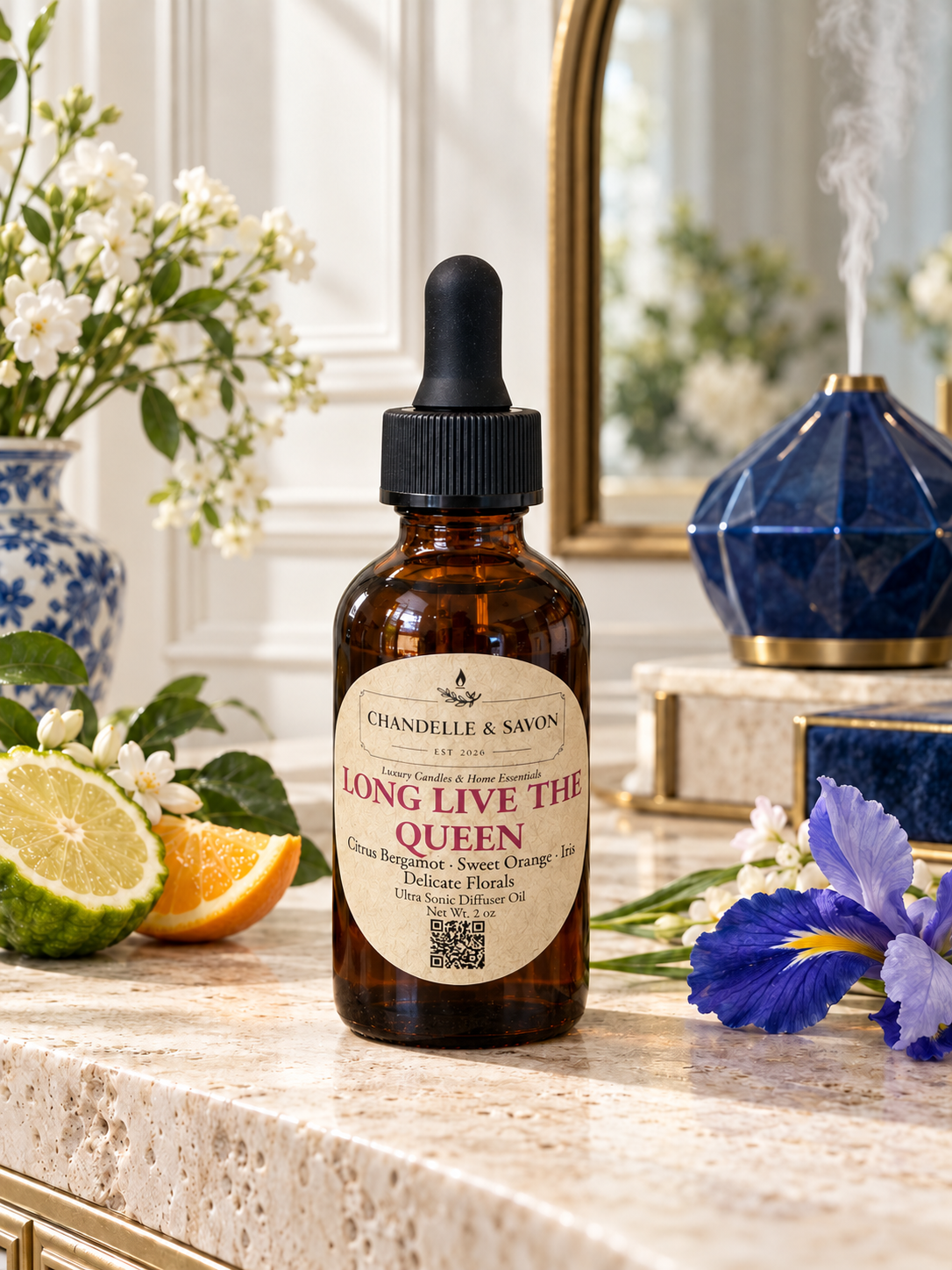 An amber glass dropper bottle labeled 'Long Live The Queen' by Chandelle & Savon, styled on a marble countertop with flowers, citrus slices, and a blue diffuser in a bright interior setting.