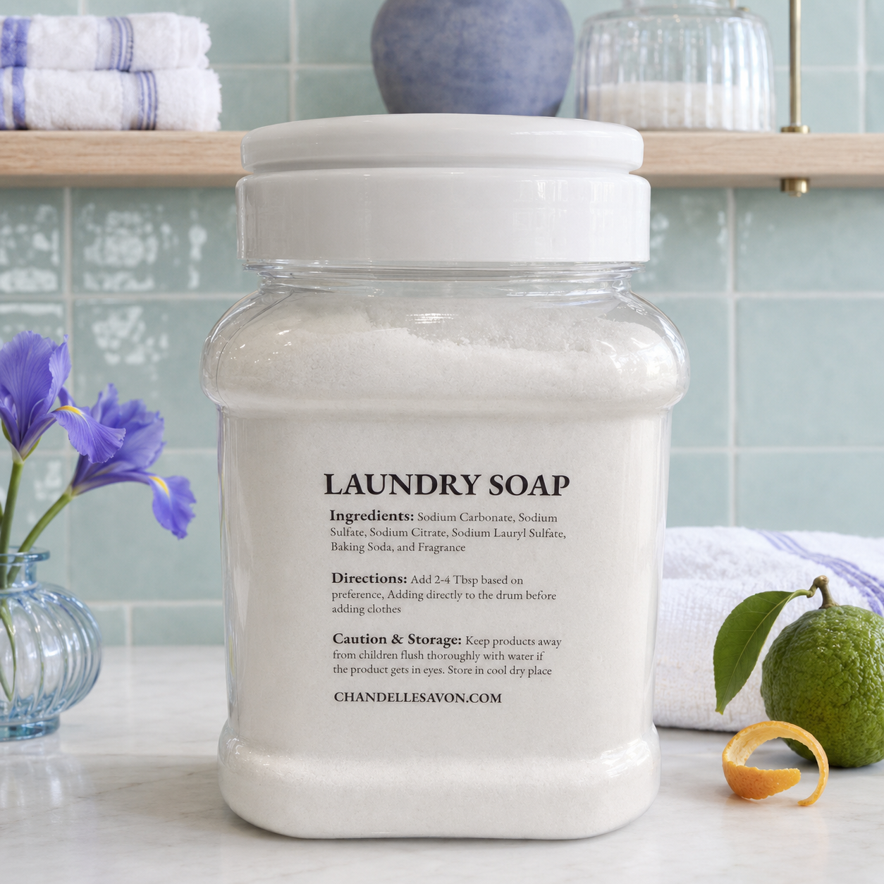 A clear plastic jar of Chandelle & Savon Laundry Soap filled with white soap flakes, set on a marble countertop with a green lime, a purple flower, and a folded towel in the background.