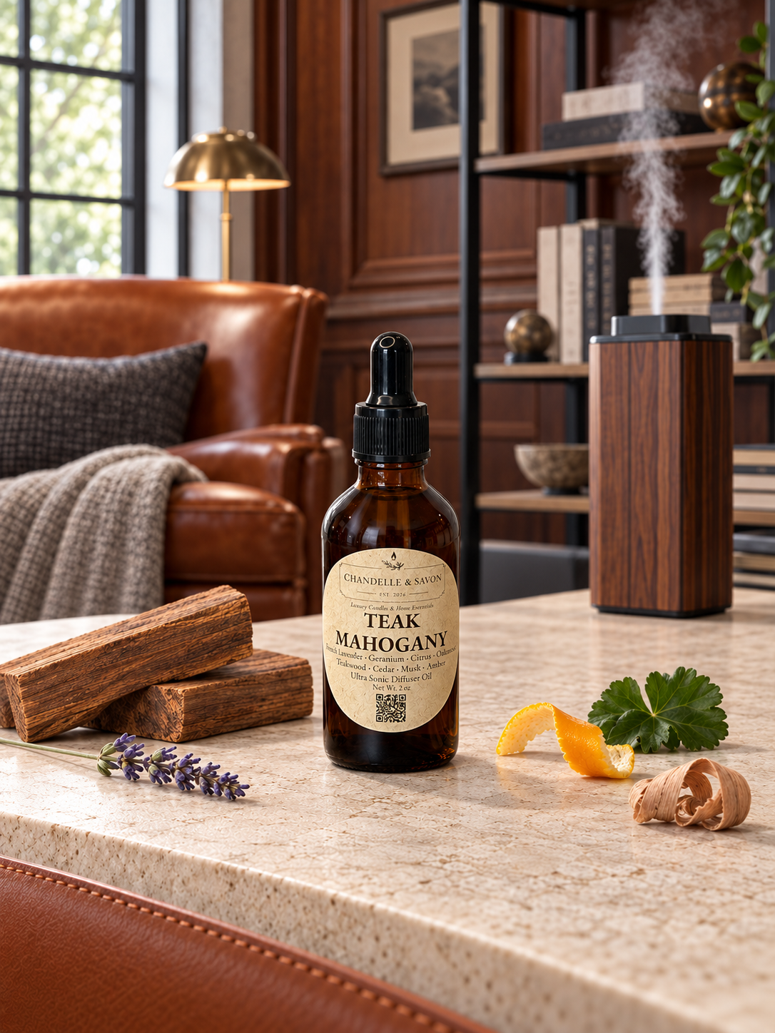 An amber glass dropper bottle labeled 'Teak Mahogany' by Chandelle & Savon stands on a stone countertop in a warm, rustic living room setting. The scene includes a leather armchair, wood accents, a diffuser emitting steam, and citrus and herb garnishes.