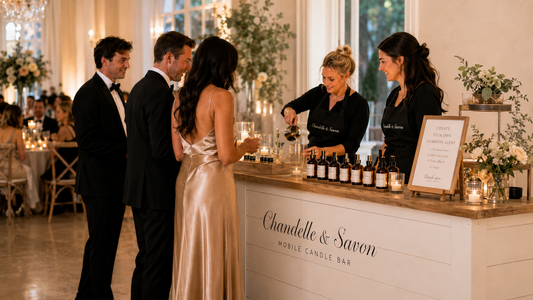 A mobile candle bar setup at an indoor event, with guests standing around a white counter labeled 'Chanelle & Savon Mobile Candle Bar' while a bartender mixes candles. Several people are visible in a decorated event space with tables, flowers, and warm lighting.