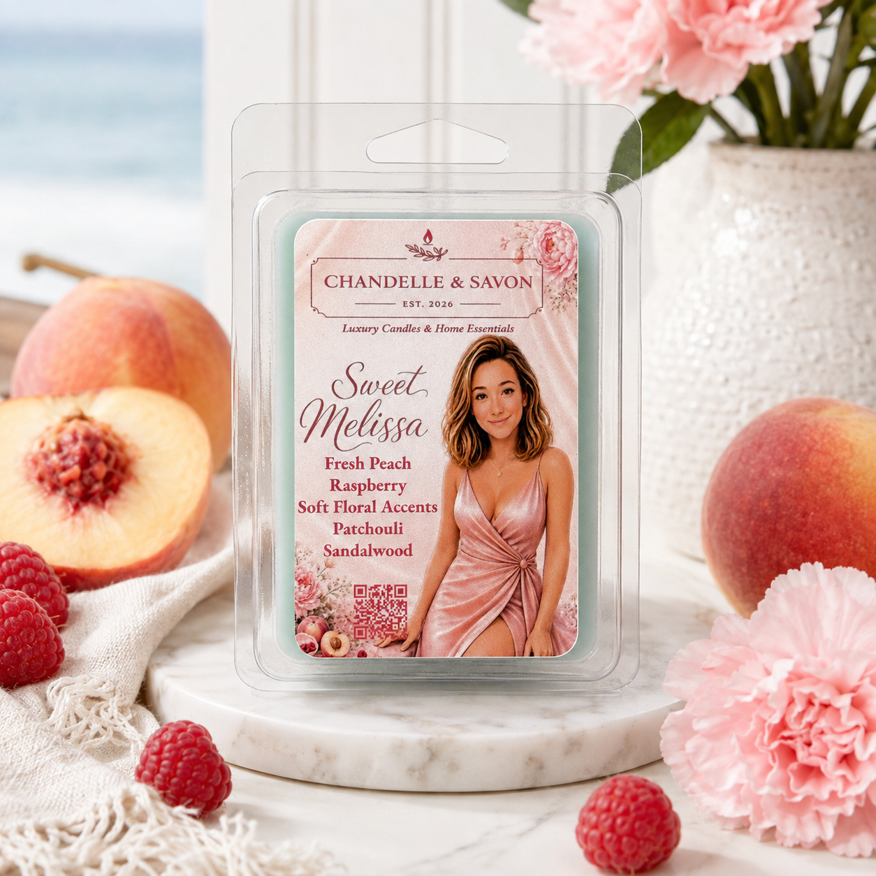 Chandelle & Savon Sweet Melissa scented wax melts in a clear plastic clamshell package, styled on a marble surface with peaches, raspberries, and pink flowers in the background.