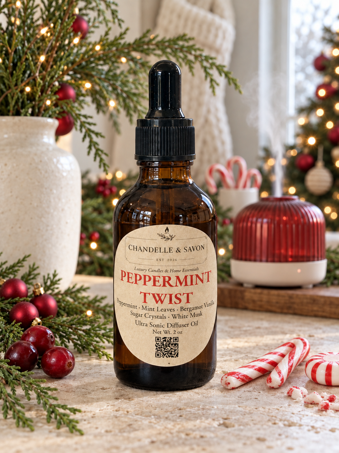Chandelle & Savon Peppermint Twist diffuser oil in an amber glass dropper bottle, styled on a rustic table with Christmas decorations, candy canes, and a red diffuser in the background.