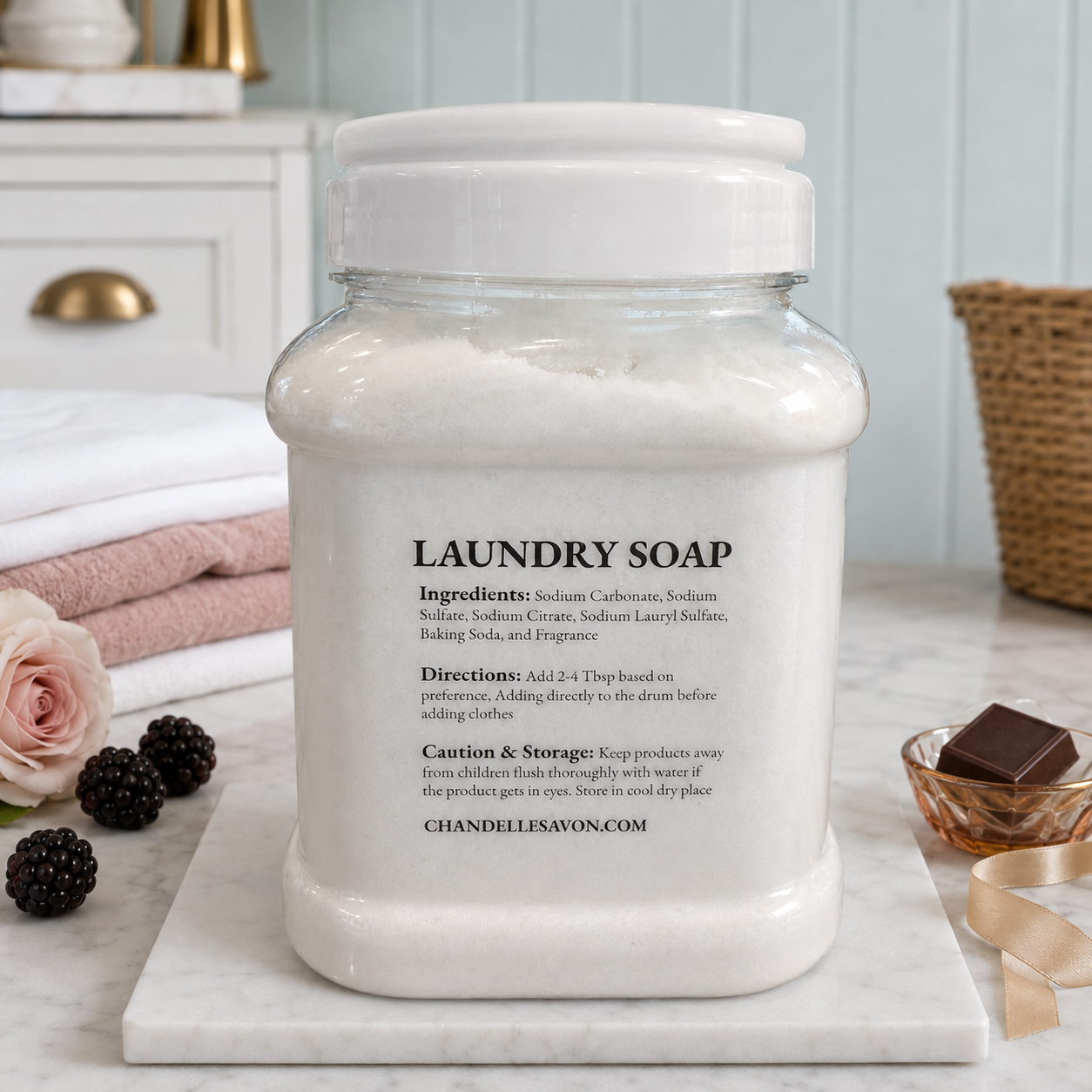 A large clear plastic jar of Chandeliers & Savon laundry soap with a white screw-top lid, displayed on a white marble board. The jar is set on a marble surface with a pink rose, blackberries, and a small dish of soap in a softly lit bedroom setting.