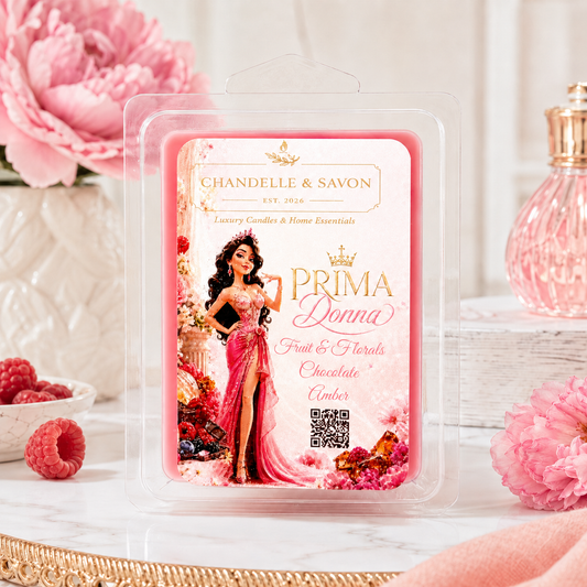 Chandelle & Savon 'Prima Donna' fruit and florals chocolate center wax melts in a clear clamshell package, styled on a white marble surface with pink flowers and raspberries.