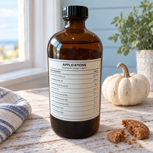 An amber glass bottle with a black cap and a white printed label reading APPLICATIONS / MAXIMUM USAGE LIMITS, set on a rustic wooden table with a striped cloth, a small pumpkin, and a cookie nearby.