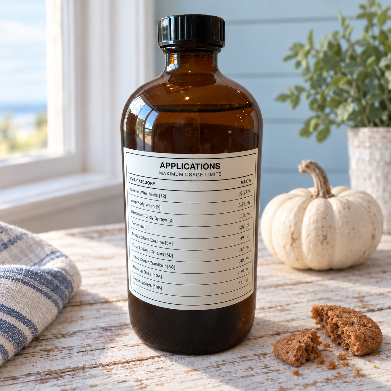 An amber glass bottle with a black cap and a white printed label reading APPLICATIONS / MAXIMUM USAGE LIMITS, set on a rustic wooden table with a striped cloth, a small pumpkin, and a cookie nearby.