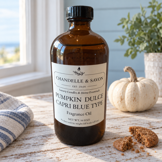 An amber glass bottle of Chandelle & Savon Pumpkin Dulce Capri Blue Type Fragrance Oil, styled on a rustic wooden table with a small white pumpkin, a cookie, and a striped cloth next to a window.