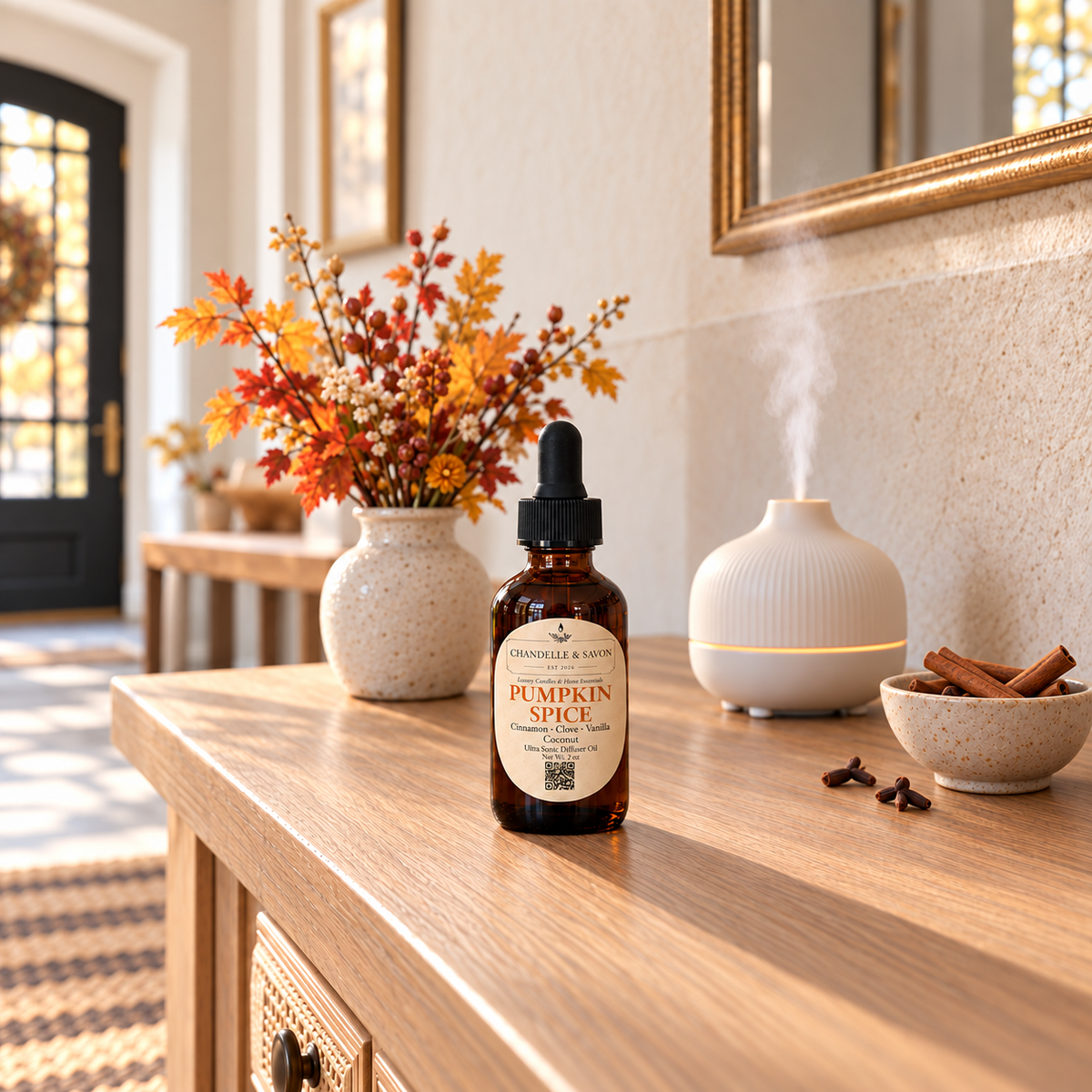 An amber glass bottle of Chandelle & Savon Pumpkin Spice diffuser oil with a black dropper cap, styled on a wooden counter next to a white diffuser, a vase of autumn flowers, and a small bowl of cinnamon in a warm, decorated room.
