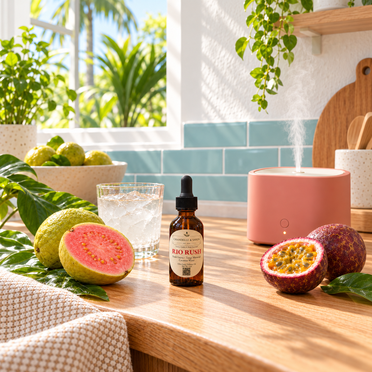 A small amber dropper bottle labeled RIO RUSH sits on a wooden countertop in a bright kitchen setting, surrounded by guava fruit, a glass of iced drink, a pink diffuser, and other fresh ingredients.