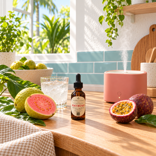 A small amber dropper bottle labeled RIO RUSH sits on a wooden countertop in a bright kitchen setting, surrounded by guava fruit, a glass of iced drink, a pink diffuser, and other fresh ingredients.