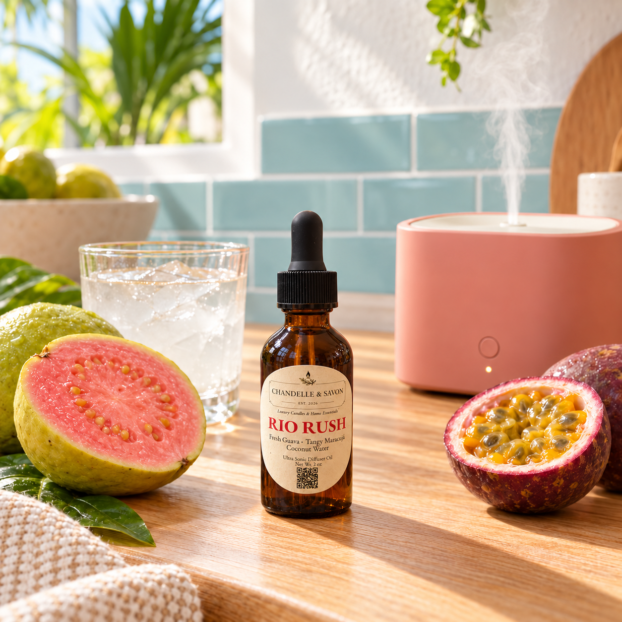 A bottle of Chandelle & Savon 'Rio Rush' diffuser oil dropper on a wooden countertop, surrounded by guava and passion fruit slices, a glass of iced water, and a pink diffuser with steam in a bright kitchen setting.